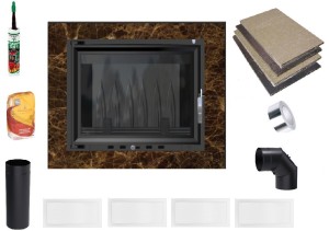 Kominek - zestaw: wkład kominkowy EKO 8 kw + rama marmurowa Akwen brązowa + akcesoria montażowe