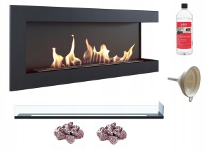 biokominek narożny DELTA prawa 1200 czarny z szybą z certyfikatem TÜV + kamyki czerwone