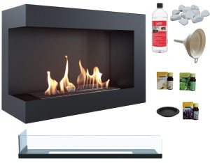 biokominek narożny DELTA  lewa 700 czarny z szybą z certyfikatem TÜV + aromaterapia 3 olejki