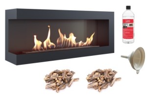 biokominek narożny DELTA  lewa 1200x280 czarny z certyfikatem TÜV + brązowe kamyki