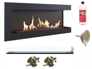 biokominek narożny DELTA prawa 1200 czarny z szybą z certyfikatem TÜV + kamyki zielone