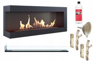 biokominek narożny DELTA  lewa 1200 czarny z szybą z certyfikatem TÜV  + drewienka ceramiczne