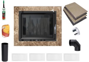 Kominek - zestaw: wkład kominkowy EKO 8 kw + rama marmurowa Akwen jansobrązowa + akcesoria montażowe 