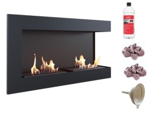 biokominek narożny DELTA  prawa 900x280 czarny z certyfikatem TÜV + czerwone kamyki