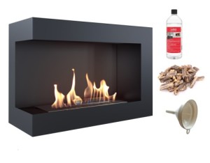 biokominek narożny DELTA  lewa 700x280 czarny z certyfikatem TÜV + brązowe kamyki