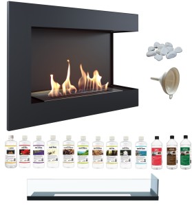 biokominek narożny DELTA  prawa 700 czarny z szybą z certyfikatem TÜV + zestaw biopaliw