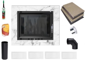 Kominek - zestaw: wkład kominkowy 10 kw + rama marmurowa Akwen biała + akcesoria montażowe