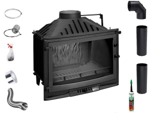 Zestaw: Wkład kominkowy powietrzny żeliwny UNIFLAM 700 Selenic ECO z szybrem, doprowadzenie powietrza moc 10kw + akcesoria