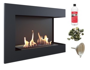 biokominek narożny DELTA  prawa 700x280 czarny z certyfikatem TÜV + zielone kamyki