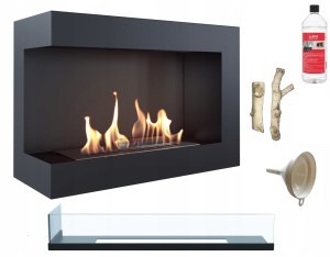 biokominek narożny DELTA  lewa 700 czarny z szybą z certyfikatem TÜV + drewienka ceramiczne