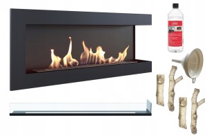 biokominek narożny DELTA prawa 1200 czarny z szybą z certyfikatem TÜV + drewienka ceramiczne