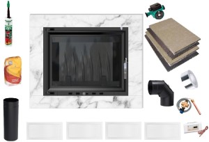 Kominek - zestaw - wkład z płaszczem wodnym EKO 8 kw z ramą marmurową Akwen białą + akcesoria montażowe 