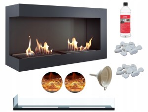 biokominek narożny DELTA  lewa 900 czarny z szybą z certyfikatem TÜV + efekt żarzenia