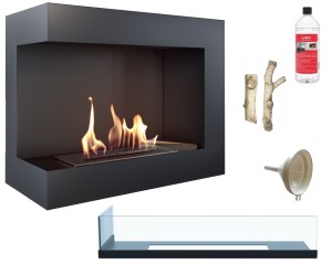 biokominek narożny DELTA  lewa 600 czarny z szybą z certyfikatem TÜV + drewienka ceramiczne