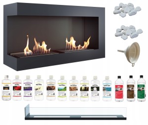 biokominek narożny DELTA  lewa 900 czarny z szybą z certyfikatem TÜV + zestaw biopaliw