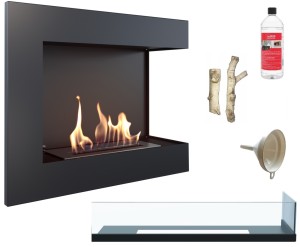 biokominek narożny DELTA  prawa 600 czarny z szybą z certyfikatem TÜV + drewienka ceramiczne