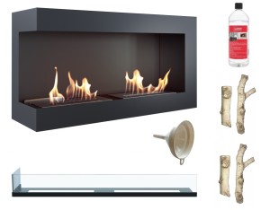 biokominek narożny DELTA  lewa 900 czarny z szybą z certyfikatem TÜV + drewienka ceramiczne