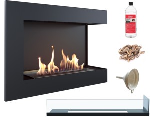 biokominek narożny DELTA  prawa 700 czarny z szybą z certyfikatem TÜV + kamyki brązowe