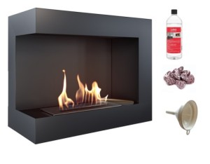 biokominek narożny DELTA  lewa 600x280 czarny z certyfikatem TÜV + czerwone kamyki