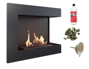 biokominek narożny DELTA  prawa 600x280 czarny z certyfikatem TÜV + zielone kamyki