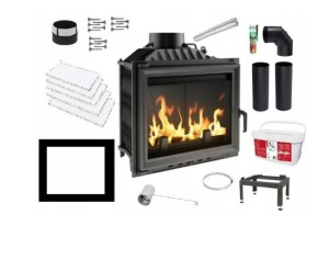 Zestaw 6: Wkład kominkowy powietrzny żeliwny z szybrem Antek + dolot, wylot fi 180, moc 10kw + akcesoria 