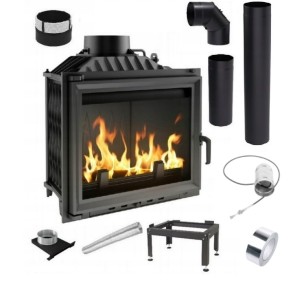 Zestaw 8: Wkład kominkowy powietrzny żeliwny z szybrem Antek + dolot, wylot fi 180, moc 10kw + akcesoria