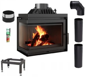 Zestaw 3: Wkład kominkowy powietrzny żeliwny z szybrem Simple M/S 8 lewy BS, moc 8kw, wylot fi 200 + akcesoria