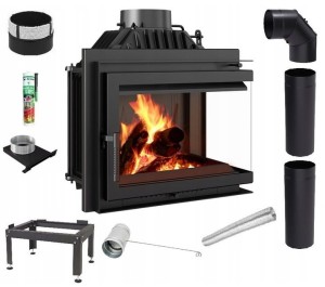 Zestaw 5: Wkład kominkowy powietrzny żeliwny z szybrem Simple M/S 8 prawy BS + dolot , moc 8kw, wylot fi 200 + akcesoria 