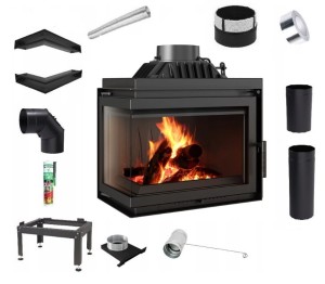Zestaw 4: Wkład kominkowy powietrzny żeliwny z szybrem Simple M/S 8 lewy BS + dolot , moc 8kw, wylot fi 200 + akcesoria 