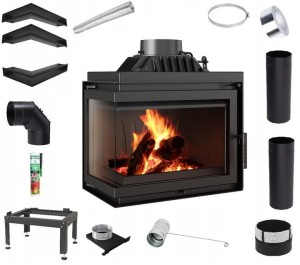 Zestaw 7: Wkład kominkowy powietrzny żeliwny z szybrem Simple M/S 8 lewy BS + dolot , moc 8kw, wylot fi 200 + akcesoria 