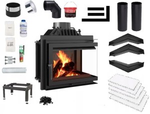 Zestaw 12: Wkład kominkowy powietrzny żeliwny z szybrem Simple M/S 8 prawy BS, wylot fi 200, moc 8 kw + akcesoria 