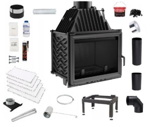 Zestaw 3: Wkład kominkowy powietrzny żeliwny z szybrem Zuzia + dolot, wylot fi 200, moc 15kw + akcesoria 