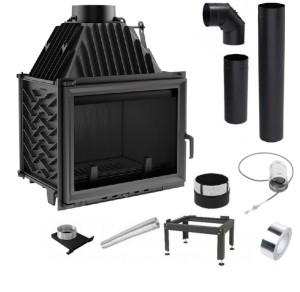 Zestaw 1: Wkład kominkowy powietrzny żeliwny z szybrem Zuzia + dolot, wylot fi 150,  moc 15kw + akcesoria