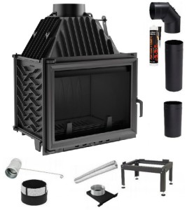 Zestaw 2: Wkład kominkowy powietrzny żeliwny z szybrem Zuzia + dolot, wylot fi 150,  moc 15kw + akcesoria 