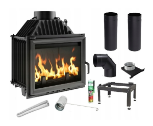 Zestaw 1: Wkład kominkowy powietrzny żeliwny z szybrem Maja z wylotem spalin fi 150 + dolot, moc 8kw + akcesoria