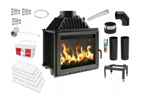 Zestaw 3: Wkład kominkowy powietrzny żeliwny z szybrem Maja + dolot, wylot spalin fi 200, moc 8kw + akcesoria 