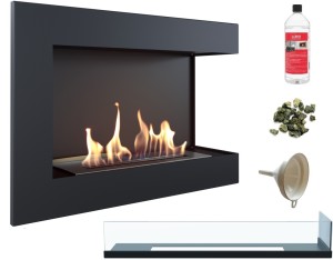 biokominek narożny DELTA  prawa 700 czarny z szybą z certyfikatem TÜV + kamyki zielone