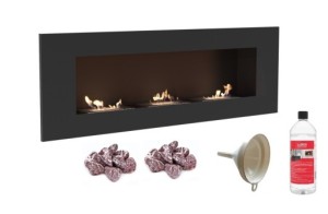 biokominek DELTA 3 czarny 1200x400 z 3 biowkładkami z certyfikatem TÜV + czerwone kamyki