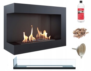 biokominek narożny DELTA  lewa 700 czarny z szybą z certyfikatem TÜV + kamyki brązowe