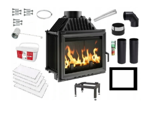Zestaw 4: Wkład kominkowy powietrzny żeliwny z szybrem Maja + dolot, wylot spalin fi 200, moc 8kw + akcesoria  