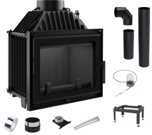 Zestaw 1: Wkład kominkowy powietrzny żeliwny z szybrem Maja 8 DECO + dolot, wylot fi 200,  moc 8kw + akcesoria