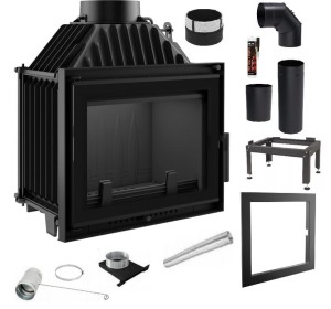 Zestaw 4: Wkład kominkowy powietrzny żeliwny z szybrem Maja 8 DECO + dolot, wylot fi 200,  moc 8kw + akcesoria