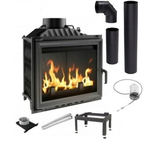 Zestaw 9: Wkład kominkowy powietrzny żeliwny z szybrem Antek + dolot, wylot fi 180, moc 10kw + akcesoria 