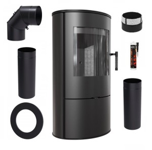 Zestaw 2: Piec wolnostojący Koza Rollo z czarnym TERMOTEC z wylotem spalin fi 150 + dolot, moc 7kW  + akcesoria 