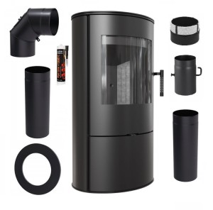 Zestaw 3: Piec wolnostojący Koza Rollo z czarnym TERMOTEC z wylotem spalin fi 150 + dolot, moc 7kW  + akcesoria  