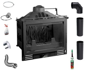 Zestaw: Wkład kominkowy powietrzny żeliwny UNIFLAM 600 ECO z szybrem, doprowadzenie powietrza, moc 8kw + akcesoria