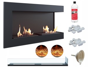 biokominek narożny DELTA  prawa 900 czarny z szybą z certyfikatem TÜV+ efekt żarzenia