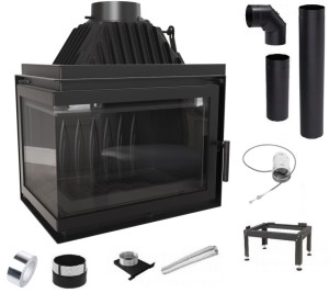 Zestaw 1: Wkład kominkowy powietrzny żeliwny z szybrem Simple Z/S lewy BS + dolot fi 100, wylot fi 200 , moc 15 kw + akcesoria