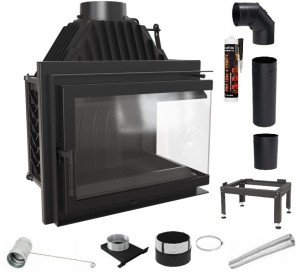 Zestaw 2: Wkład kominkowy powietrzny żeliwny z szybrem Simple Z/S prawy BS + dolot fi 100, wylot fi 200 , moc 15kw + akcesoria