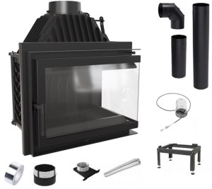 Zestaw 1: Wkład kominkowy powietrzny żeliwny z szybrem Simple Z/S prawy BS + dolot fi 100, wylot fi 200 , moc 15kw + akcesoria 